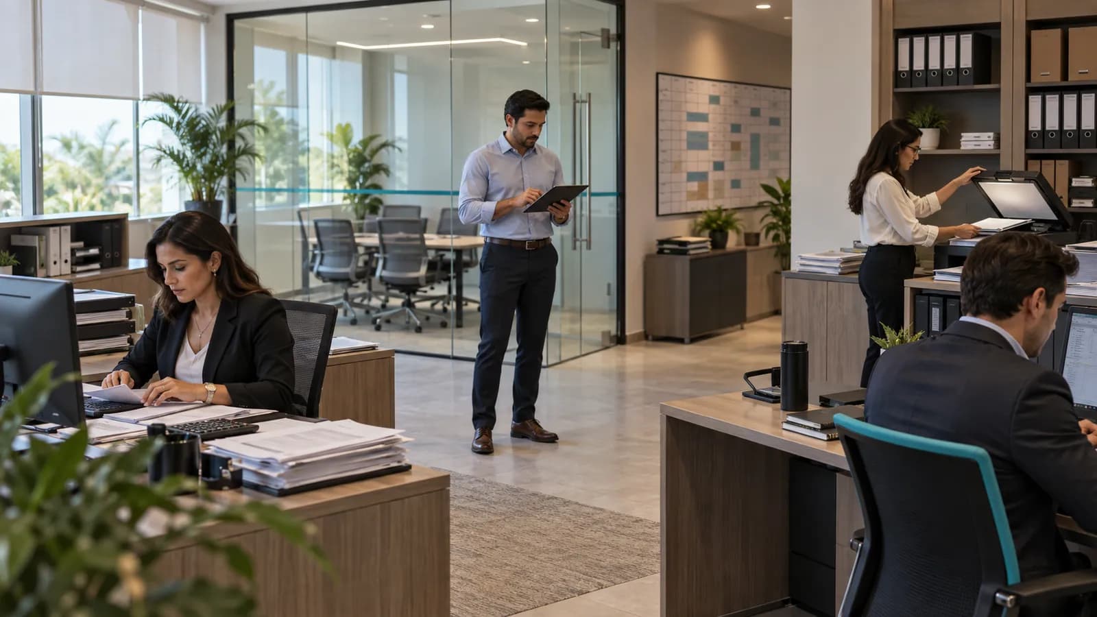International investor meeting with professional advisers in a modern Panama City office to review holding company governance and economic substance requirements.