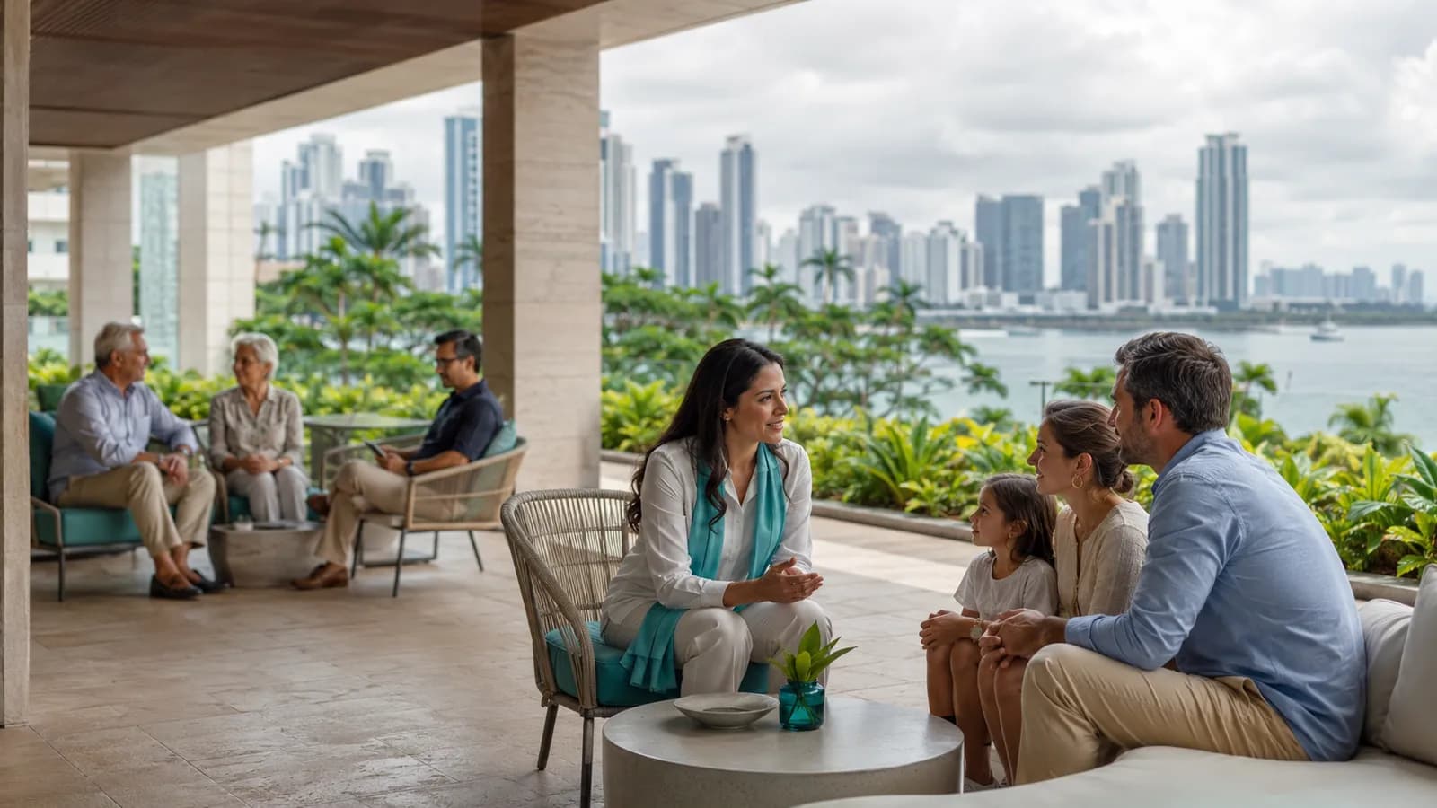 International family, professionals and retirees receiving personalized guidance on Panama residency options, with Panama City in the background.